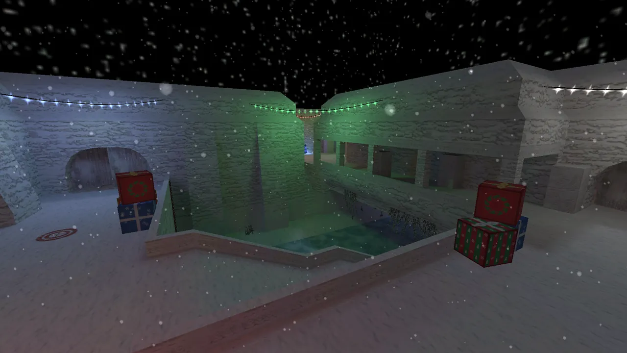 de_aztec_2x2_winter: гирлянды на стенах, снег и подарки